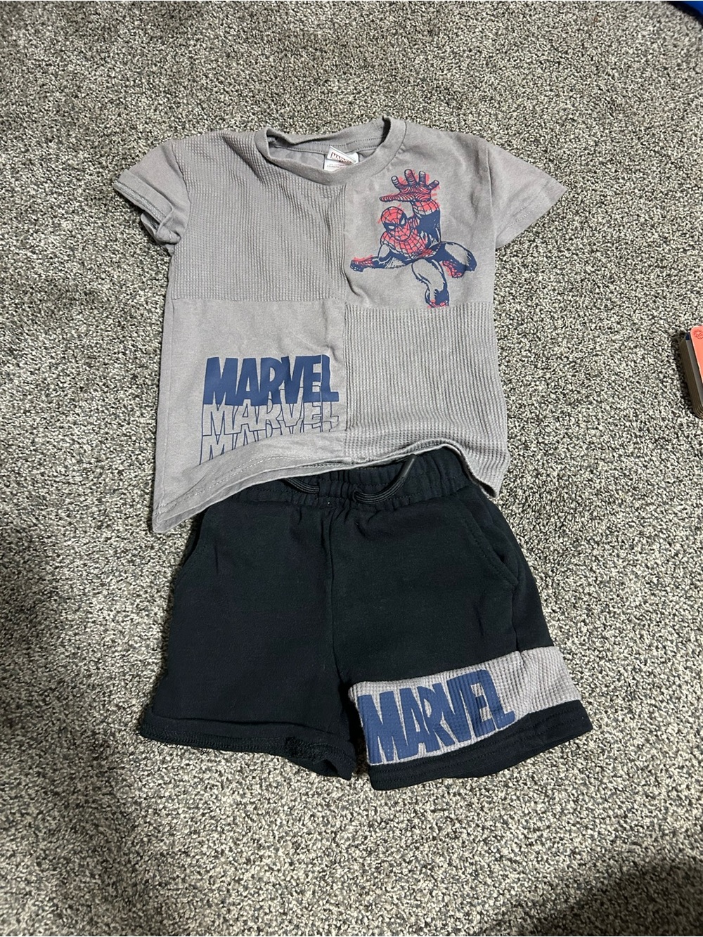 Marvel Gray Tee with Blue Spider-Man Graphic & Black Shorts
